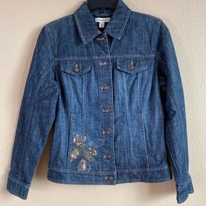 Coldwater Creek New Size 6 S Embellished Sequin Beaded Floral Denim‎ Jean Jacket